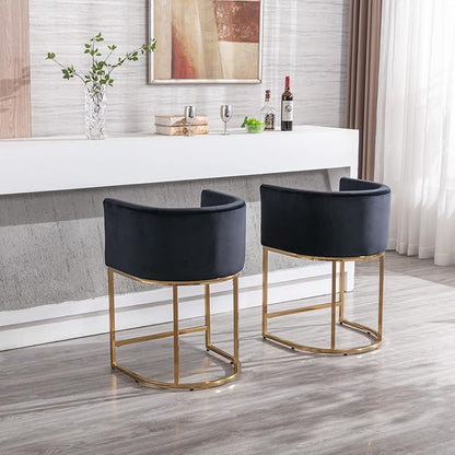 Modern Counter Height Velvet Upholstered Bar Stool, 24" Kitchen Counter Island Stool Bar Chairs with Gold Metal Frame for Kitchen Island, Black