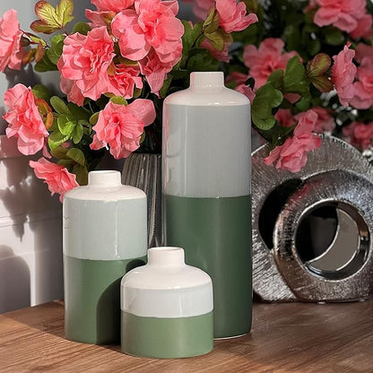 Iconic Dipped Scandinavian Style Vases, Set of 3, Glazed Porcelain, Tonal Shades, Pale Grey, Green and Dark Green, 11.5 H Inches