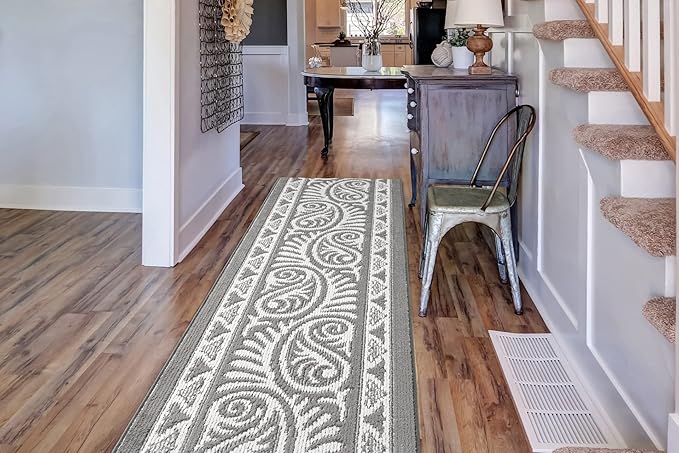 Custom Length Cut to Size Tribal Ethnic Southwestern Inspired Hallway Runner Rug, Non Slip Rubber Backed, 31 inch Wide X Customized Length, Mayan Grey, 31 inch X 9 feet