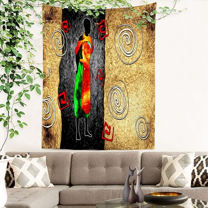 Batmerry African Ethnic Retro Tapestry,Vintage Motive Oil Landscape Fashion Wall Art Hanging Decoration Polyester Fiber White Ruffled Around for Dorm Room Bedroom Living Room, 82.7x59.1 inches