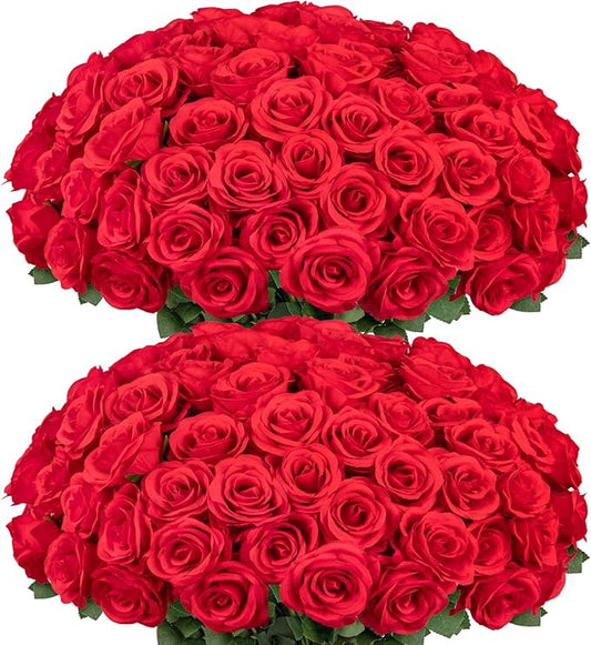 Ouddy Decor 50 Pcs Artificial Red Roses Bulk Realistic Fake Silk Flowers with Long Stems for Wedding Bridal Bouquet DIY Table Centerpieces Arrangement Valentines Home Decor