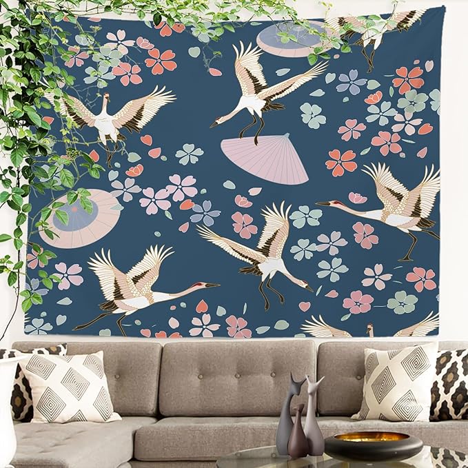 Batmerry Navy Blue Japanese Cherry Tapestry, Oriental Wall Art Hanging Decoration Polyester Fiber White Ruffled Around For Dorm Room Bedroom Living Room, 30 X 40 Inches