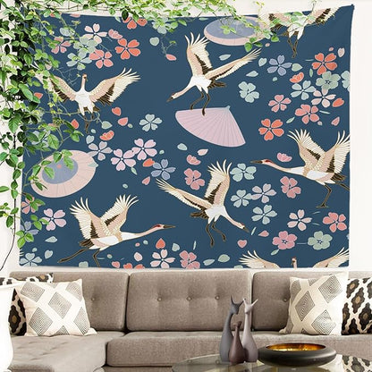 Batmerry Navy Blue Japanese Cherry Tapestry, Oriental Wall Art Hanging Decoration Polyester Fiber White Ruffled Around For Dorm Room Bedroom Living Room, 30 X 40 Inches