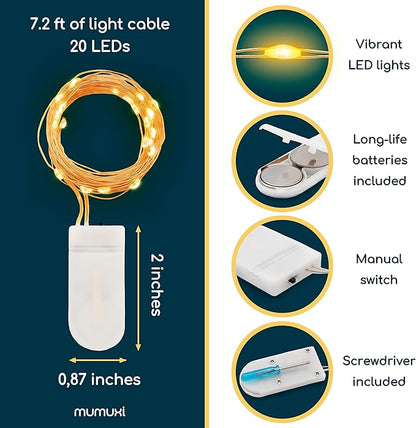 MUMUXI 24 Pack 7.2ft Fairy Lights Battery Operated String Lights, 20 Mini Battery Powered LEDs for Centerpiece Table Decorations, Wedding Party Bedroom Mason Jar Christmas, Warm White