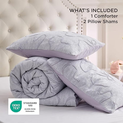 Bedsure Full Size Comforter Set, Light Purple Boho Tufted Bed Set, 3D Puffy Jacquard Bedding Full Size, 3 Pieces, 1 Farmhouse Shabby Chic Embroidery Comforter with Bow Pattern & 2 Pillow Cases