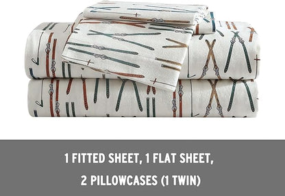 Eddie Bauer - King Sheets, Cotton Flannel Bedding Set, Brushed For Extra Softness, Cozy Home Decor (Ski Line White, King)