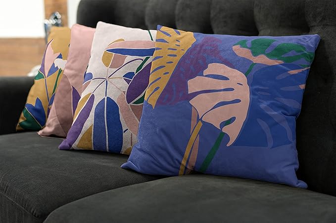 Ambesonne Exotic Throw Pillow Cushion Case Pack of 4, Tropical Themed Leaves Branches Monstera Plant Summer Vibes Pastel, Modern Accent Double-Sided Digital Printing, 18", Peach Blue Violet Mustard
