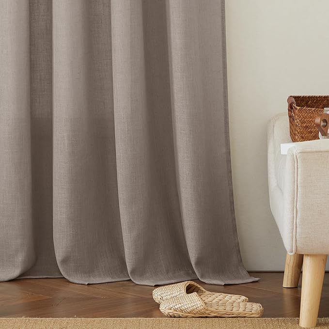 RYB HOME Linen Textured Curtains Semi Sheer Window Curtains Light Filtering Ariy Privacy Sheers for Bedroom Living Room Bathroom Patio Door, Birch Brown, 52 inch Wide x 84 inch Long, 2 Panels