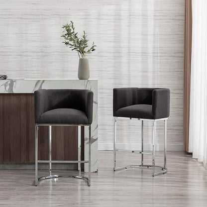 Modern Counter Height Linen Upholstered Bar Stools Set of 4, 29" Kitchen Counter Island Stools Bar Chairs with Chrome Finish Metal Frame for Kitchen Island, Charcoal