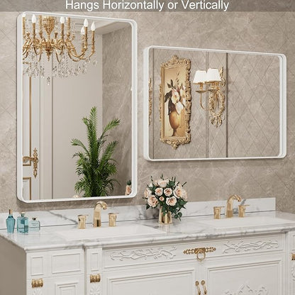 LOAAO 40x30 Inch White Metal Framed Bathroom Mirror for Wall, White Bathroom Vanity Mirror Farmhouse, Large Rounded Rectangle Mirror, Anti-Rust, Tempered Glass, Hangs Horizontally or Vertically