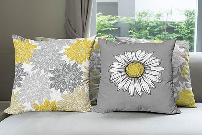 Ambesonne Floral Throw Pillow Cushion Case Pack of 4, Flower Petals Modern Color Palette Chamomile Peony Dahlia and Sunflower Print, Modern Accent Double-Sided Digital Printing, 20", Yellow and Grey