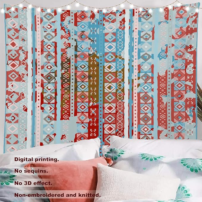 Batmerry Boho Tribal Tapestry, Aztec Ethnic Tribal Colorful Boho Abstract Distress Watercolor Wall Hanging Polyester Fiber White Ruffled Around For Dorm Room Bedroom Living Room, 90.6 X 78.7 Inches