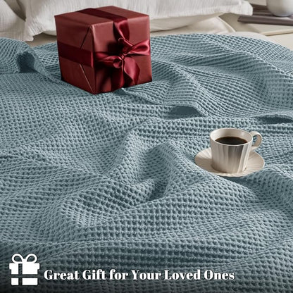PHF 100% Cotton Waffle Weave Blanket Twin Size for Bed,Snag Proof Lightweight Breathable Moisture-Wicking Throw for Couch,Great for Layering in Cold Weather,Machine Washable,Home Decor Gift-Ocean