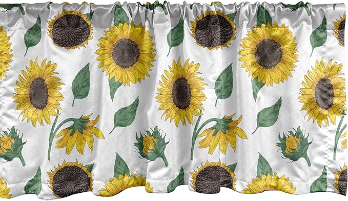 Ambesonne Sunflower Window Valance, Agricultural Pattern Botanical Inspiration Hand-Drawn Flowers, Curtain Valance for Kitchen Bedroom Decor with Rod Pocket, 42" x 18", Reseda Green Dark Brown