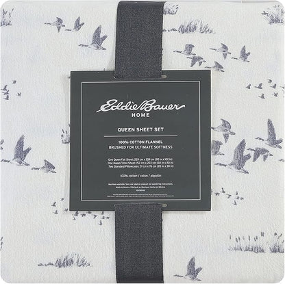 Eddie Bauer - Full Sheet Set, Warm Breathable Cotton Flannel Bedding with Deep Pockets, Brushed for Extra Softness, Cozy Home Decor, Oeko-Tex Certified (Geese Meadows, Full)