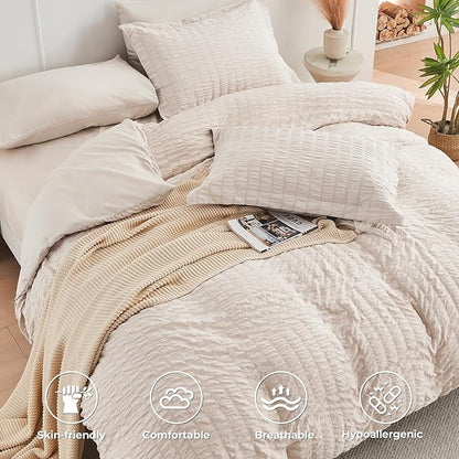 HYMOKEGE Beige King Size Comforter Set Seersucker 7 Pieces, All Season Luxury Bed in a Bag for Bedroom, Bedding Set with Comforters, Sheets, Pillowcases & Shams