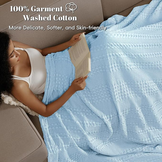 PHF 100% Cotton Waffle Weave Blanket King Size for Bed, Soft Lightweight & Breathable, All-Season Comfort, Luxury Aesthetic Woven Bedding for Home Decor, 108"x90", Baby Blue