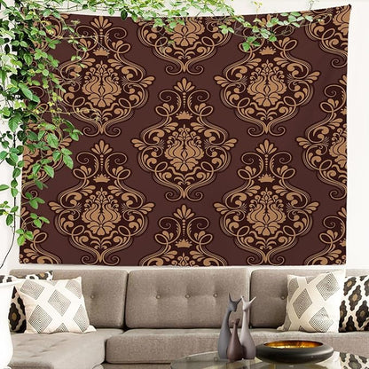 Batmerry Brown Damask Floral Tapestry, Vintage Golden Brown Damask Pattern Wall Art Hanging Decoration Polyester Fiber White Ruffled Around For Dorm Room Bedroom Living Room, 35 X 47 Inches