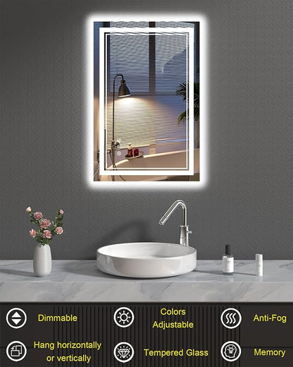 24x36 Inch Bathroom Mirror with Lights, LED Vanity Mirror for Bathroom Wall Mounted with Threefold Brightness by 2 Front Lights & 1 Backlit, Anti-Fog, Stepless Adjusted, Unbreakable Tempered Glass