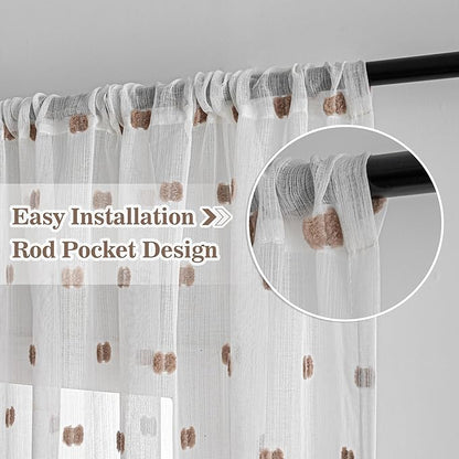 MYSKY HOME White Curtains for Bedroom 72 Inch Length Long Sheer Curtains for Kids Room Nursery Curtains with Taupe Patched Design Rod Pocket Privacy Window Drapes Dining Room 52" x 72" 2 Panels