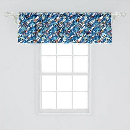 Ambesonne Spaceship Window Valance, Hand-Drawn Cartoon Spaceships Planets and Stars Outer Space Exploration Theme, Curtain Valance for Kitchen Bedroom Decor with Rod Pocket, 42" x 18", Violet Blue