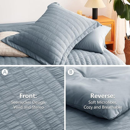CozyLux Grayish Blue King Size Comforter Set Seersucker 7 Pieces Dusty Blue Bed in a Bag King Comforter Set with Sheets, Luxury Bedding Set with Down Alternative Comforter, Sheets, Pillowcases & Shams