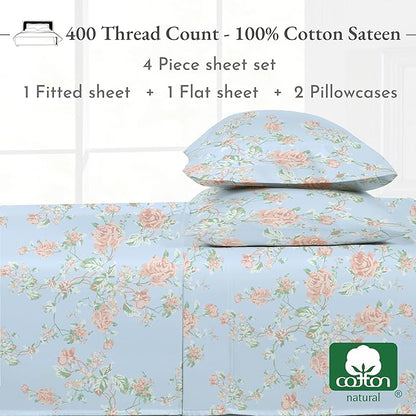 California Design Den Floral Printed Queen Sheet Set - 400 Thread Count Sateen, Natural 100% Cotton Sheets Queen Size Bed Set, Deep Pockets, Cooling and Durable Bedding - Antique Rose