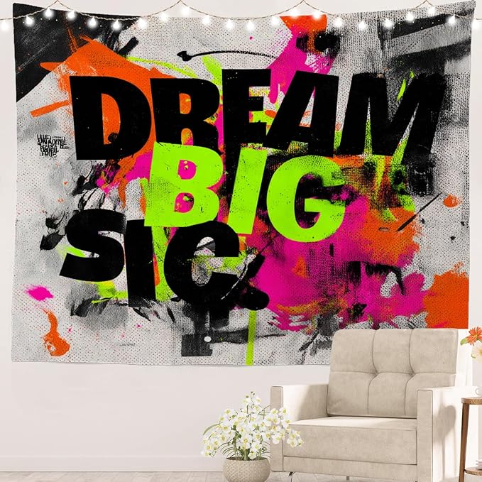 Batmerry Aim High Reach For Stars Tapestry, Be Ambitious Believe In Yourself Wall Art Hanging Decoration Polyester Fiber White Ruffled Around for Dorm Room Bedroom Living Room, 51.2x59.1 inches