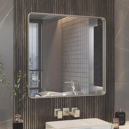 ISKM 30" x 30" Silver Framed Mirror for Wal Metal Framed Wall Mirror for Bathroom Rounded Corner Vanity Mirrors Wall Mounted Tempered Glass, Rounded Rectangle Mirror(Horizontal/Vertical)
