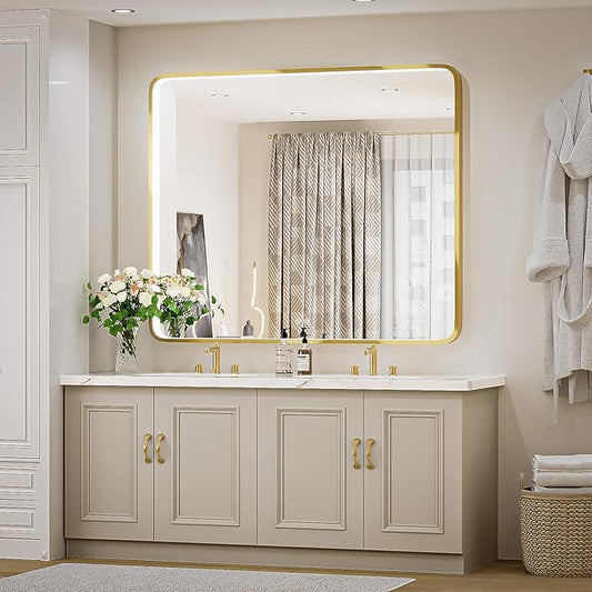 43X36 Inch Framed LED Lighted Bathroom Mirror,Wall Mounted Gold Metal Vanity Mirrors with Lights,Dimmable Illuminated Anti-Fog Mirror(Horizontal/Vertical)