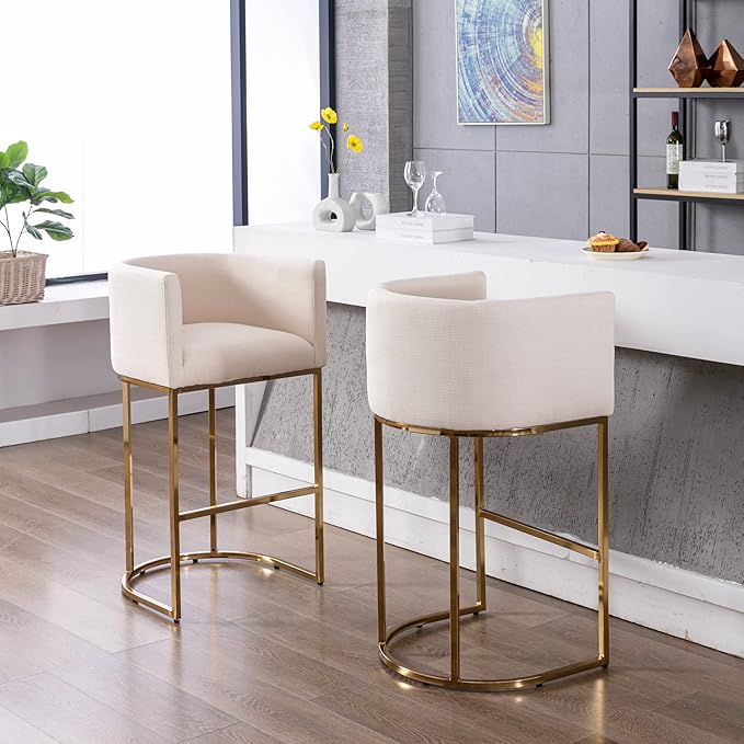 Modern Counter Height Linen Upholstered Bar Stool, 32" Kitchen Counter Island Stool Bar Chairs with Gold Metal Frame for Kitchen Island, Cream