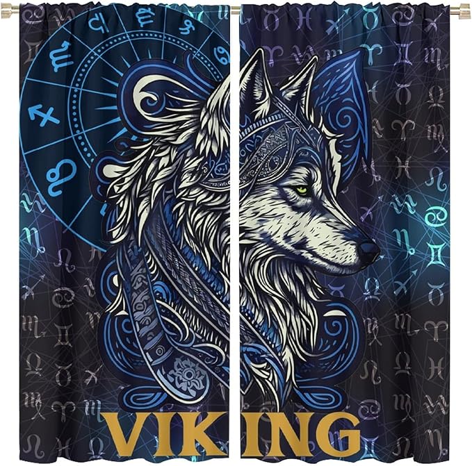 Viking Wolf Curtains Blue Rune Nordic Gothic Animal Curtains Dark Ancient Totem Mythological Pattern Printed Curtains Boys Bedroom Living Room Decoration Blackout Curtains W63 * L72 Inch