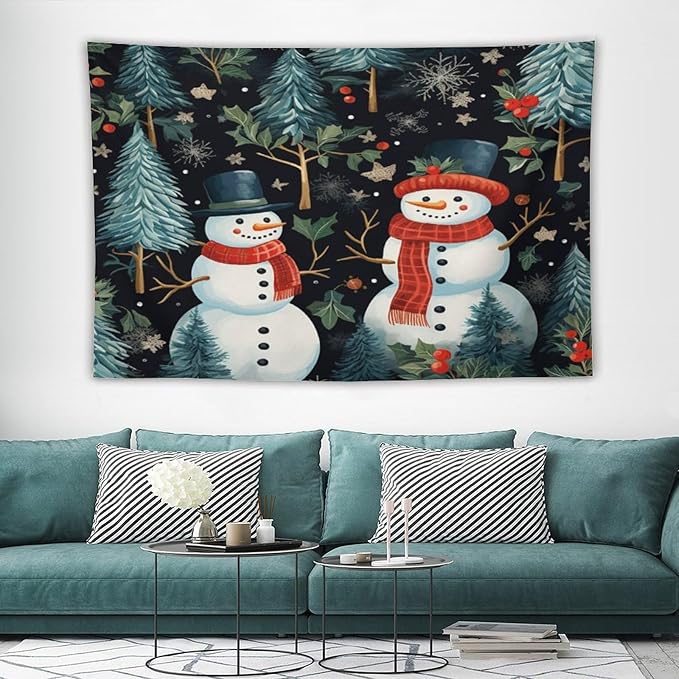 MaSiledy Wall Tapestry Snowman Couple Tapestry Hello Winter Snowman Wall Art Tapestry for Bedroom Aesthetic Wall Art for Bedroom Wall Hanging for Room 40"x60" Xmas Wall Hanging Polyester Tapestries