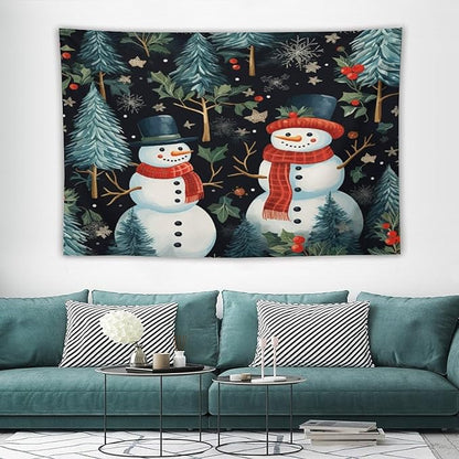 MaSiledy Wall Tapestry Snowman Couple Tapestry Hello Winter Snowman Wall Art Tapestry for Bedroom Aesthetic Wall Art for Bedroom Wall Hanging for Room 40"x60" Xmas Wall Hanging Polyester Tapestries