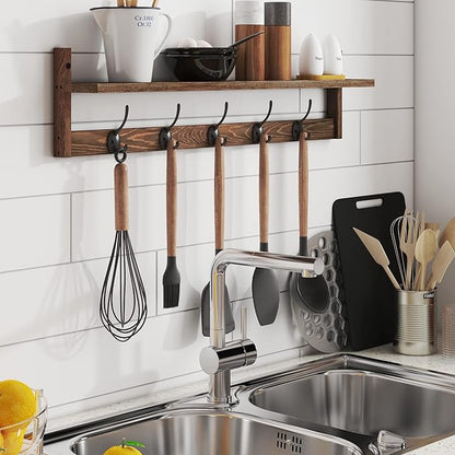 BAMEOS Wall Mounted Coat Rack with Adjustable Easy Install, Rust Proof, Brown Wooden Material, 28.9 Inch Length