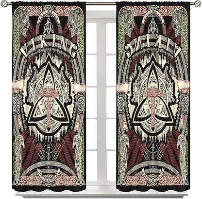 Viking Curtains Nordic Mythology Rune Weapon Antique Viking Pirate Crow Art Pattern Printed Curtains Bedroom Living Room Decoration Blackout Curtains W55 * L63 Inch
