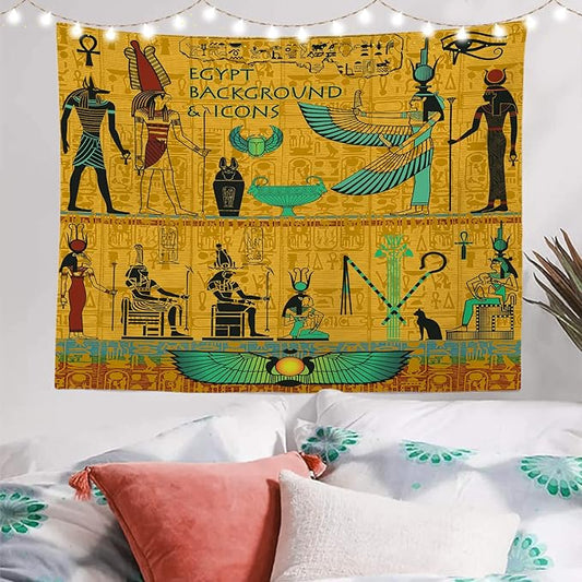 Batmerry Yellow Ancient Egyptian Tapestry, Horus Wall Art Hanging Decoration Polyester Fiber White Ruffled Around for Dorm Room Bedroom Living Room, 59.1x82.7 inches