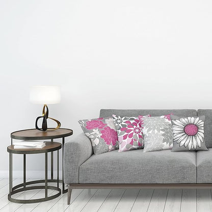 Ambesonne Floral Throw Pillow Cushion Case Pack of 4, Flower Petals Modern Color Palette Chamomile Peony Dahlia and Sunflower Print, Modern Accent Double-Sided Digital Printing, 18", Pink and Grey