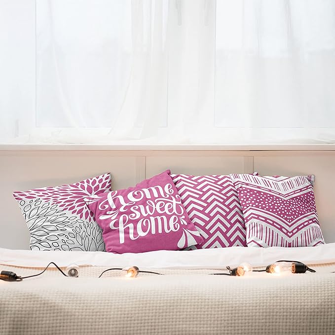 Ambesonne Geometric Throw Pillow Cushion Case Pack of 4, Home Phrase Minimal Zigzag Squama Dahlia Flowers Chevron Tribal, Modern Accent Double-Sided Digital Printing, 20", Pink White and Charcoal Grey