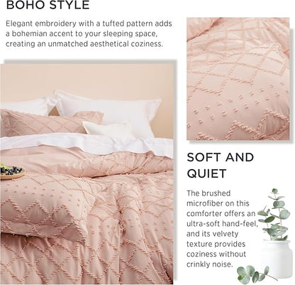 Bedsure Twin Comforter Set - Coral Pink Comforter, Boho Tufted Shabby Chic Bedding for Kids, 2 Pieces Vintage Farmhouse Bed Set for All Seasons, Fluffy Soft Bedding with 1 Pillow Sham
