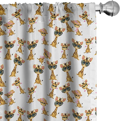 Ambesonne Giraffe Curtains, Savannah Animal Romantic Characters Funny Mascots in Human Clothes, Window Treatments 2 Panel Set for Living Room Bedroom, Pair of - 28" x 63", Brown Yellow