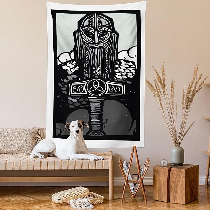 Lunarable Viking Tapestry Twin Size, Thor Son of Odin Monochrome Design Guardian of Asgard Scandinavian Culture, Wall Hanging Bedspread Bed Cover Wall Decor, Twin Size, Black White