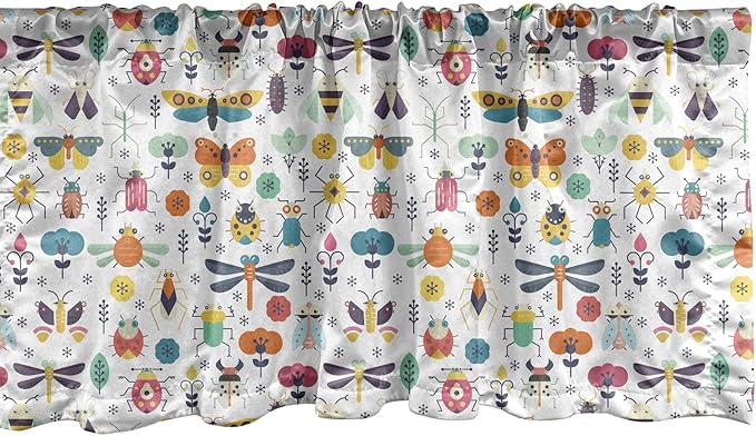 Lunarable Spring Window Valance, Colorful Seasons Pattern with Nature Garden Creatures Repeating Pattern Print, Curtain Valance for Kitchen Bedroom Decor with Rod Pocket, 54" X 12", Multicolor