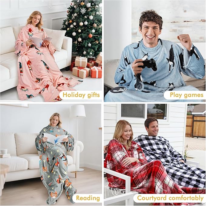 Catalonia Plaid White Wearable Fleece Blanket with Sleeves and Foot Pockets for Adult Women Men, Micro Plush Comfy Wrap Sleeved Throw Blanket Robe Large