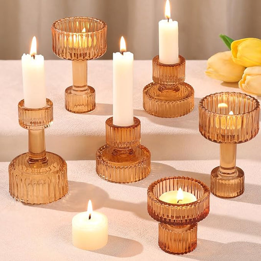 Candlestick Holders Bulk, 6 Pcs Amber Combination Candle Holders Set, Crystal Candle Holders for Wedding, Table Centerpiece, Home Decoration