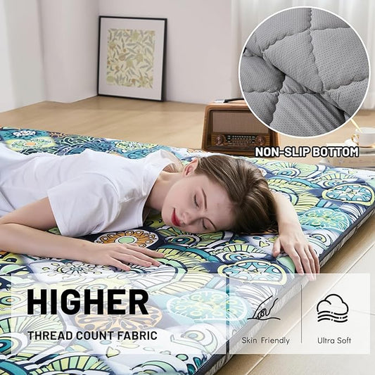 Japanese Floor Mattress Twin, Anti-Slip Japanese Futon Foldable Tatami Mat for Guests, Boho Green Checkered