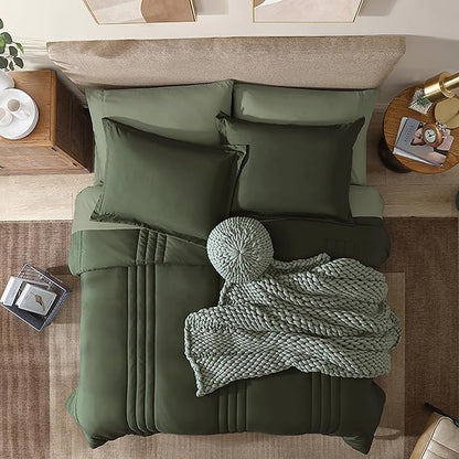 Monbix Full Comforter Set - 7 Pieces Olive Green Bed in a Bag Full Size Bedding Sets with Comforters, All Seasons Down Alternative Comforter with Sheets,Pillowcases & Shams
