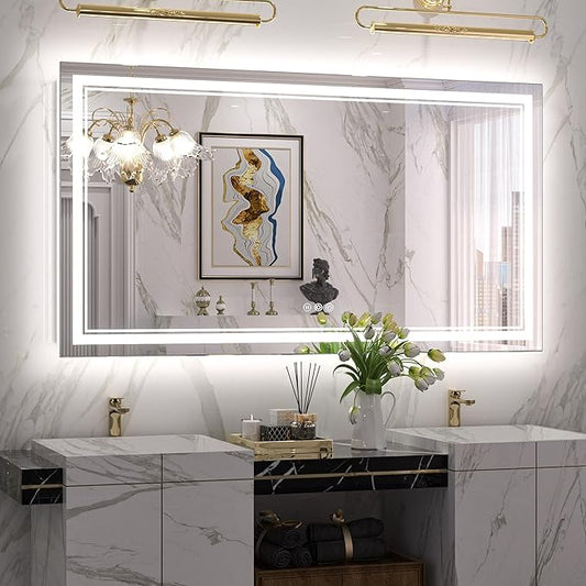 Keonjinn LED Bathroom Mirror with lights, 55" x 30" with Frontlit and Backlit, Stepless 3 Colors Temperature & Dimmable Large Tempered Glass Mirror, UL Listed LED Driver Double LED Strip Vanity Mirror