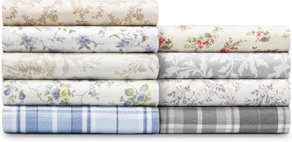Laura Ashley - Flannel Sheets Twin Size, Anti-Pilling & Wrinkle Resistant Cotton, Touchably Soft for All-Season Comfort - Bed Sheets with Matching Pillowcase & Fitted Sheet (Crestwood Pastel Grey)