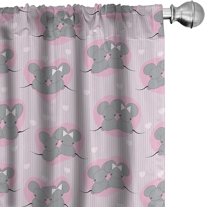 Ambesonne Pink and Grey Window Curtains, Little Mouse Characters with Hearts on Striped Backdrop Cartoon Lovers, Lightweight Decor 2-Panel Set with Rod Pocket, Pair of - 28" x 63", Grey Pink